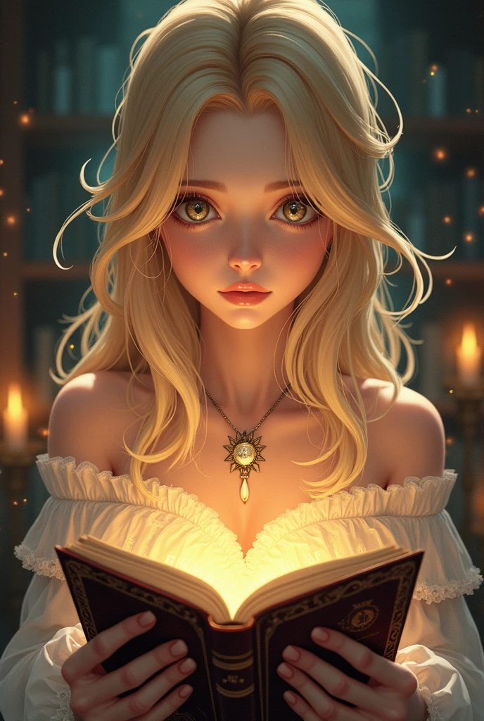 blond haired woman holding a book in her hands, closeup portrait of an mage, holding grimoire, holding spell book, portrait of a female mage, portrait of a mage, photorealistic anime girl render, portrait of magical blond prince, range murata and artgerm, holding a tattered magical book, realistic fantasy render, dramatic reading spell book pose