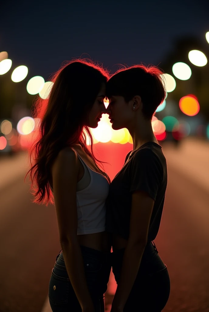 shi for a book. Two girls standing in the middle of the road, background in blur, with taffic lights and cars passing by, The grown adult two girls should be standing at a distance, while leaning their foreheads into eachother, and looking into each others eyes, only the Silehoutt should be visible of the two girls, one should have long hairs while the other one should have short hair. It's night time. They are dressed casually