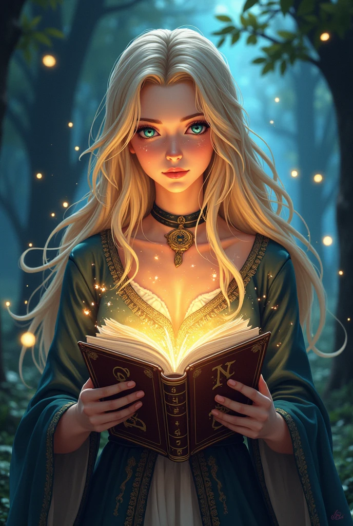 blond haired woman holding a book in her hands, a character portrait inspired by Yamagata Hiro, Artstation contest winner, magical realism, closeup portrait of an mage, holding grimoire, holding spell book, portrait of a female mage, portrait of a mage, photorealistic anime girl render, portrait of magical blond prince, range murata and artgerm