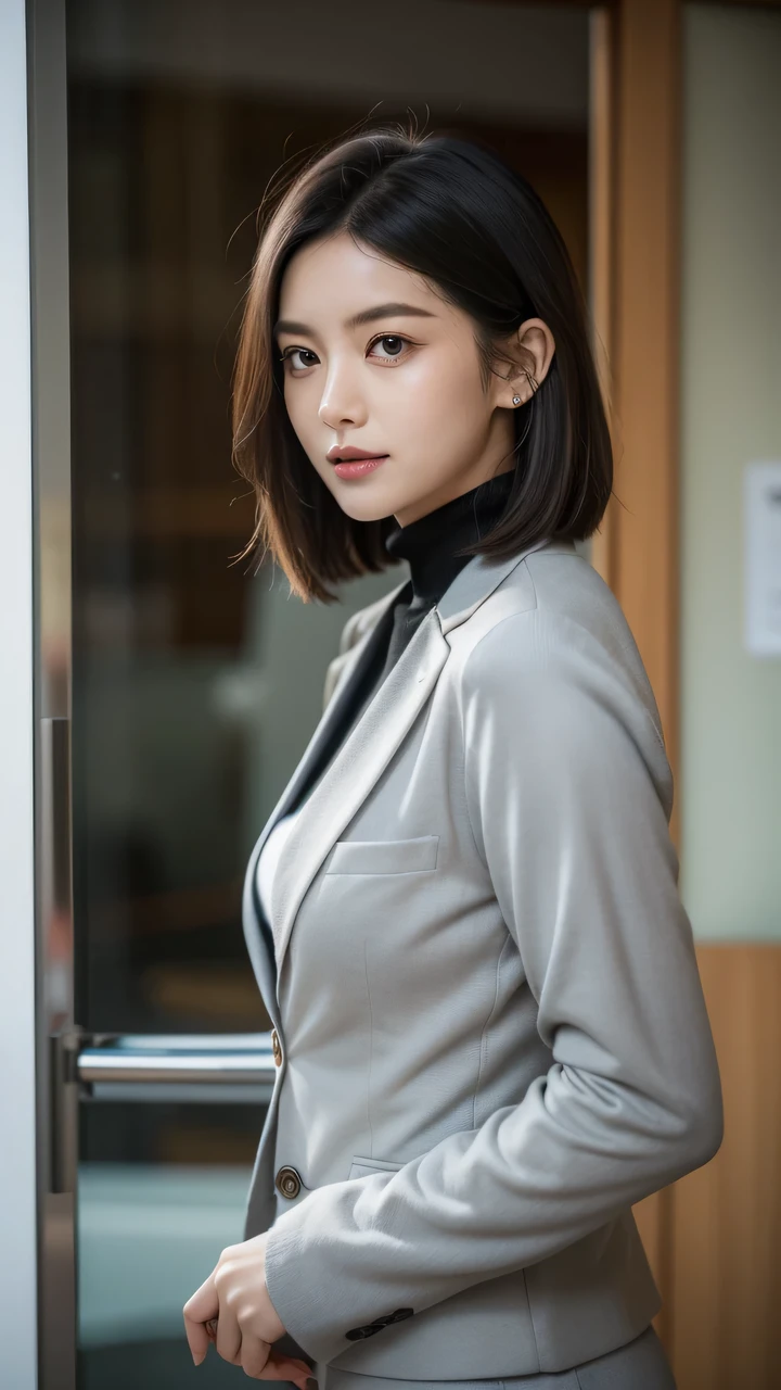The photo captures her from a three-quarters front view, showcasing her upper body.,She appears to be around 35 years old in the image.,Her hair is styled in a sleek, jet-black bob.,Her hair is neatly tucked behind her ears.,Her perfect facial contours are on full display.。She is adorned in a distinctively designed black blazer.,A simple high-neck knit sweater serves as her inner layer.,She is wearing tailored grey trousers, fitting close to her body.,She embodies a captivating blend of strength and grace.。The eyes are firm and powerful,A faint smile graces her lips, yet her presence commands respect.,She exudes the confidence and composure of a powerful woman in the workplace.。The background features a clear glass curtain wall.,The distant cityscape skyline is visible in the background.,The image evokes an atmosphere of urban sophistication.。