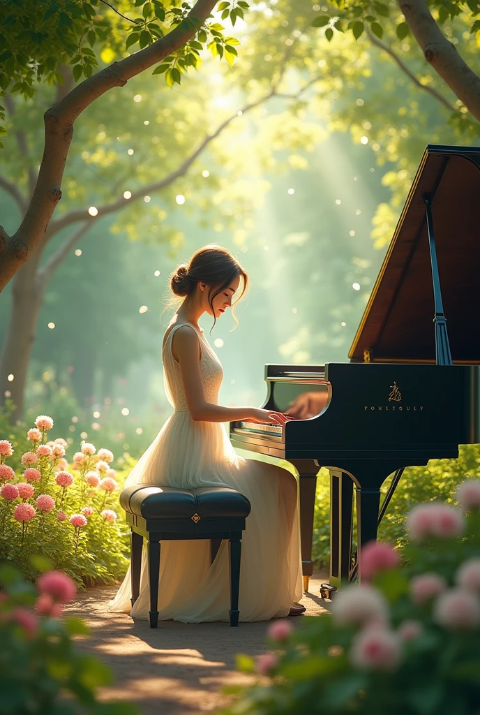 woman in a white dress playing a piano in a park, 8k artgerm bokeh, beautiful digital artwork, artwork in the style of guweiz, trending on cgstation, soft portrait shot 8 k, 8k portrait render, artgerm and atey ghailan, 8k high quality detailed art, 8k stunning artwork