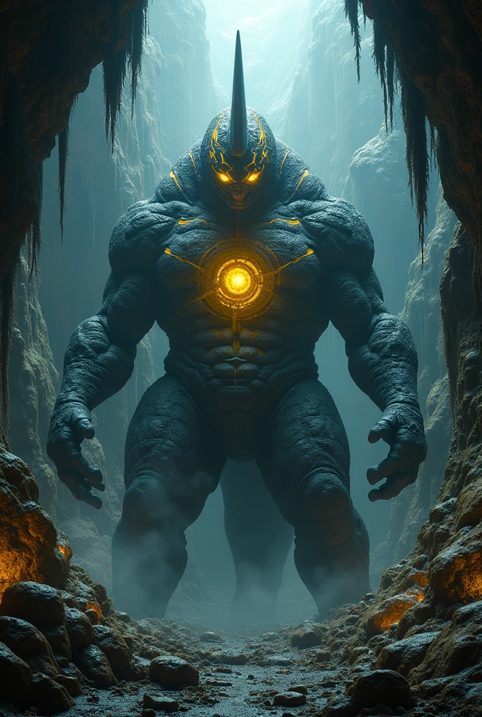 underground kaiju with yellow core on its chest and yellow connected line visor and a horn with a hint of robot (no godzilla hint)