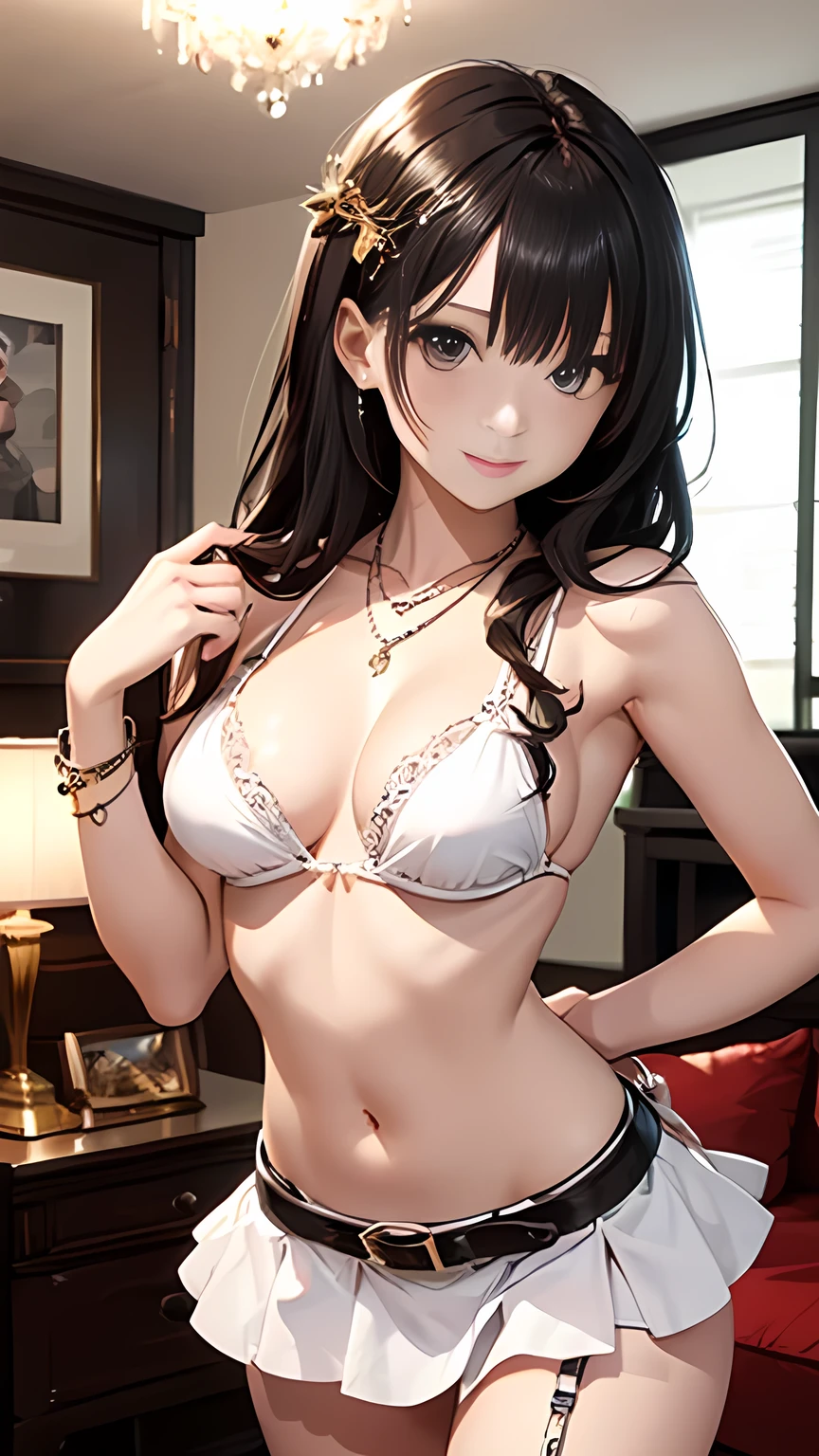Highest quality、Ultra high definition、8k、One slim woman、Wearing chains as ornaments all over the body、Small 、Slim body、Thin thighs、Seductively posing in an erotic 、Chain belt、Cowboy Shot、Ultra high definitionな目、Shining brightly、white large ruffled bikini bottom、skirt-type bikini、living room、Creative garter belts, necklaces, bracelets, and hair ornaments