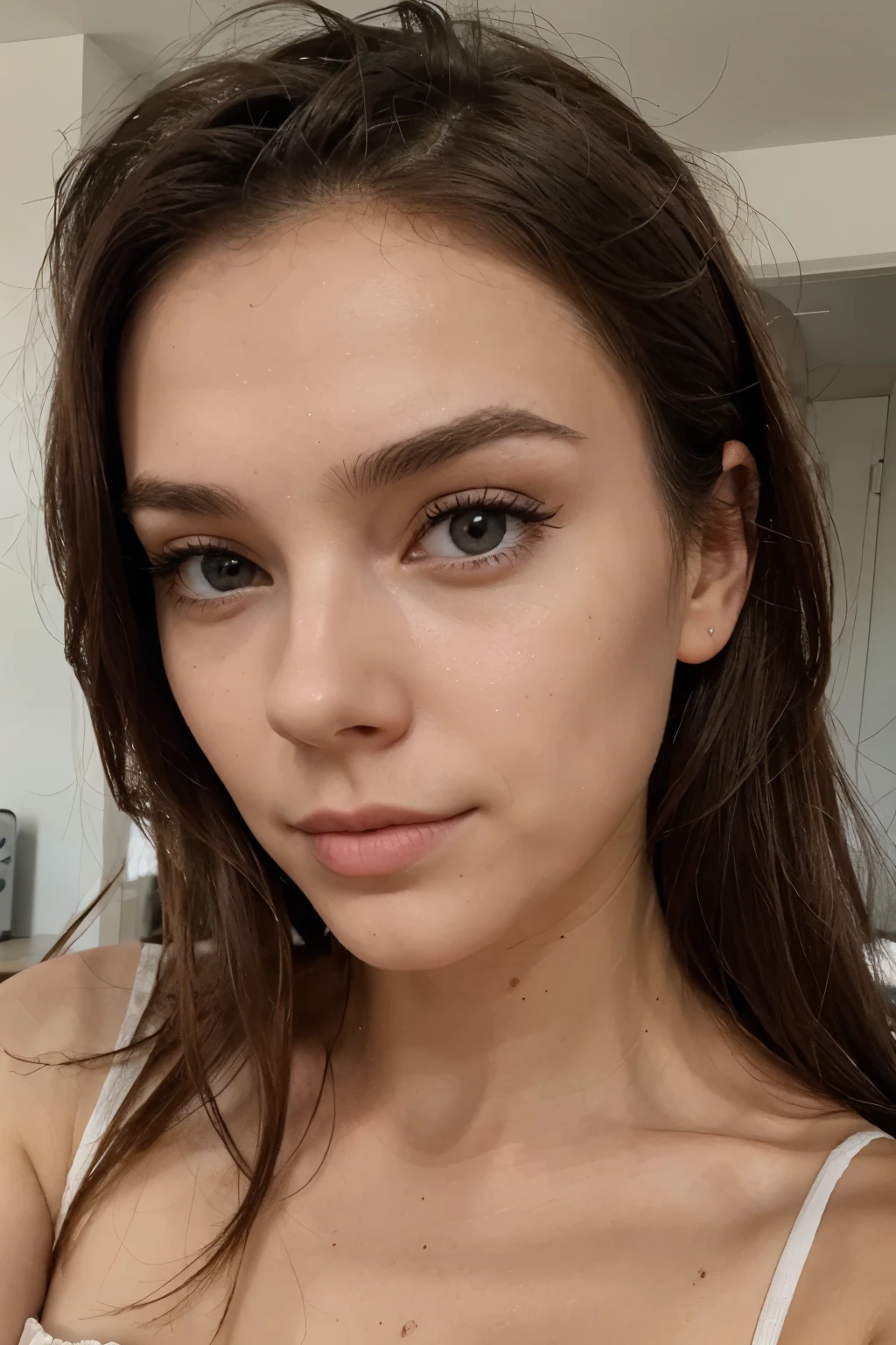 1 fille, Solo, Cheveux Longs, Seins, selfie, Bouche Ouverte, Fond simple, Frange Entre les Sourcils, PDV, Précis, Résolution Haute, Qualité Meilleure,