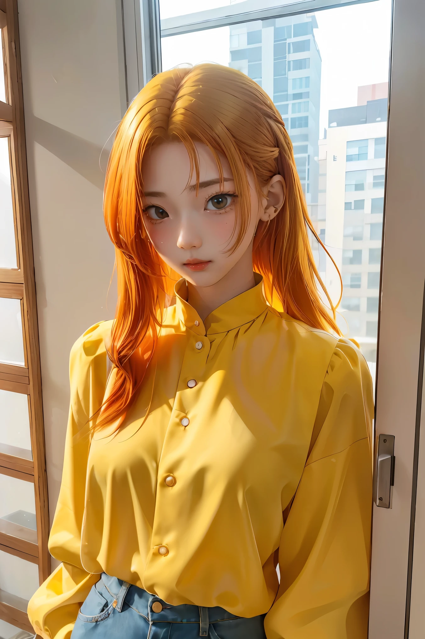 (((1 girl))), ((((alone)))), ((Messy Hairstyle)), Standing and taking pictures, (((I have yellow and red hair)), conjunctivitis, Soft blouse