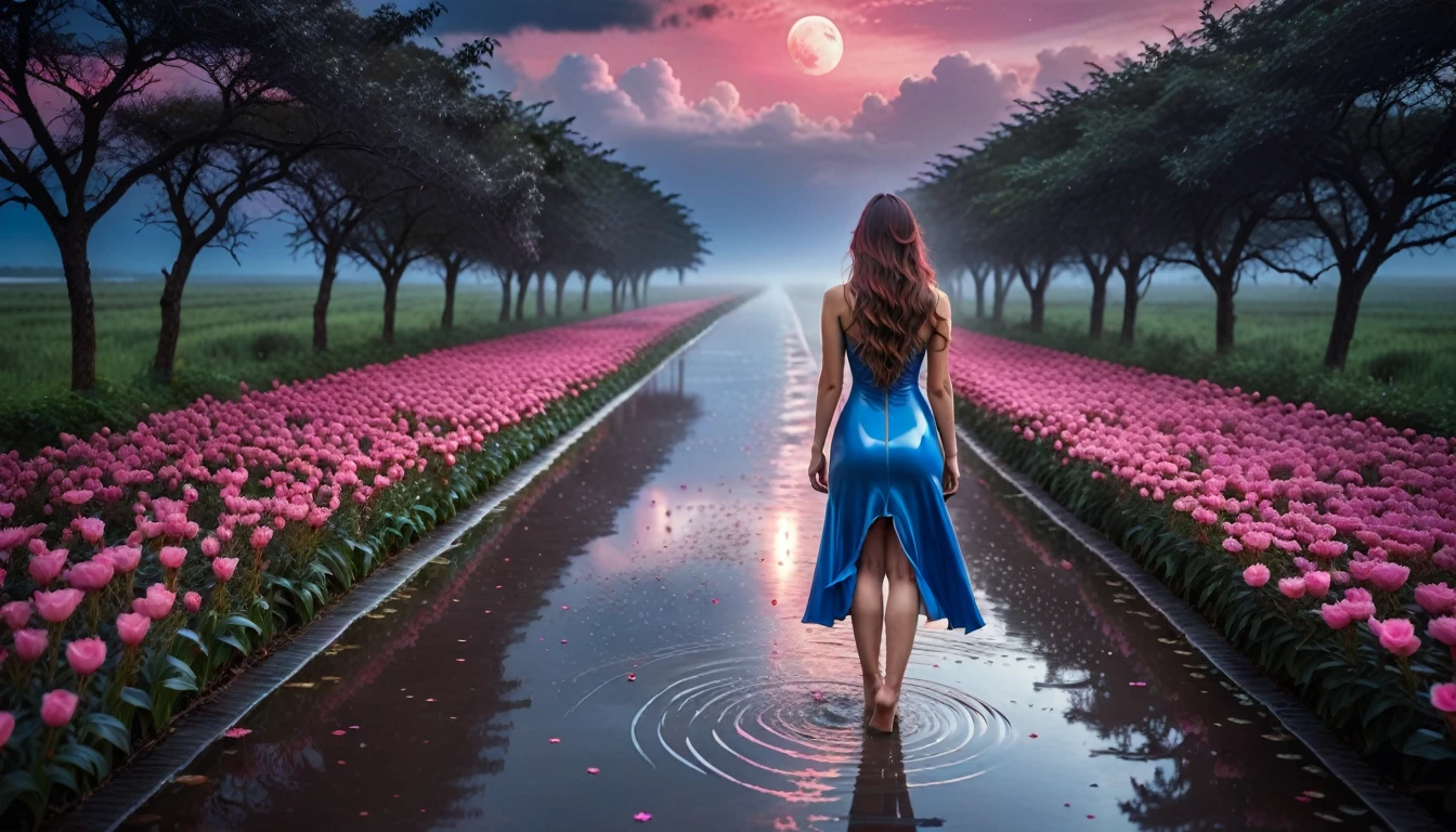 A stunning woman with long hair, dressed in a short, wet blue latex dress, stands alone, walking backwards, on a straight, endless path. Pink flowers bloom on either side of the path, their soft petals barely visible through the thick, dark pink mist that swirls gently around her. The path stretches endlessly into the horizon, its wet surface reflecting the reddish lights that glow softly in the distance. Above, the dark blue sky is filled with heavy clouds, with glimpses of the moon and scattered stars breaking through. The rain-soaked landscape stretches for 3km, capturing every detail in HDR clarity, creating a masterpiece of moody beauty and ethereal calm.