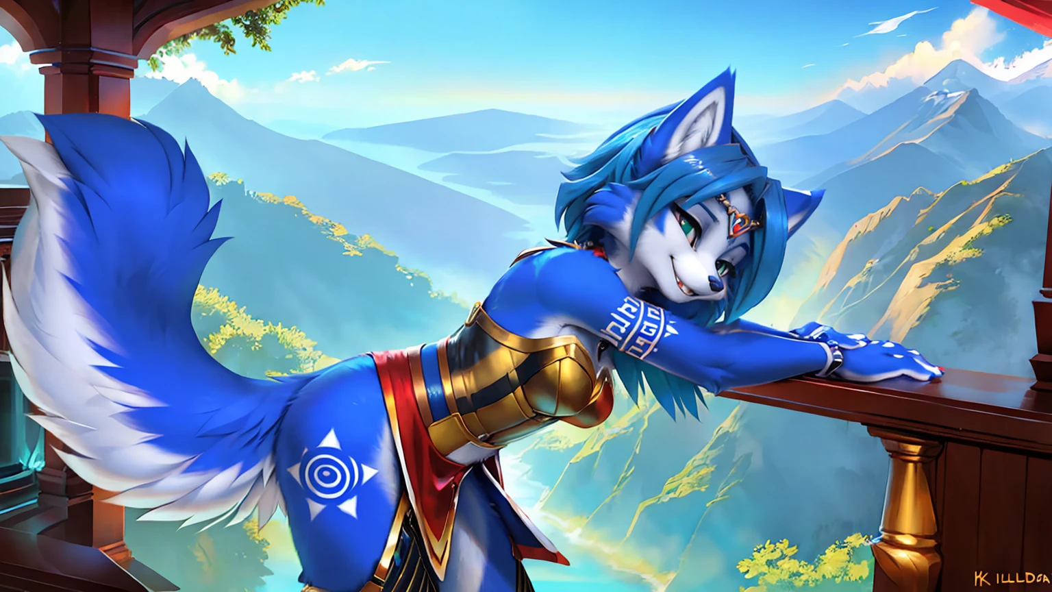 A beautiful and detailed (sweet picture) wa ((krystal)), Star Fox Krystal, sslim, lovable, green eyes, medium breasts, (((Long blue hair 1.3))), Decollete, grin, look up,, anthro, furry, Uploaded E621, detailed fluffy fur, (wa Fluff-Kevlar, Bayard Wu, personalize me, Pino Daeni), detailed face, (fluffy), 1 girl, alone, sweet girl, alone, stands on a mountain, view of a sea and a forest, magician clothing