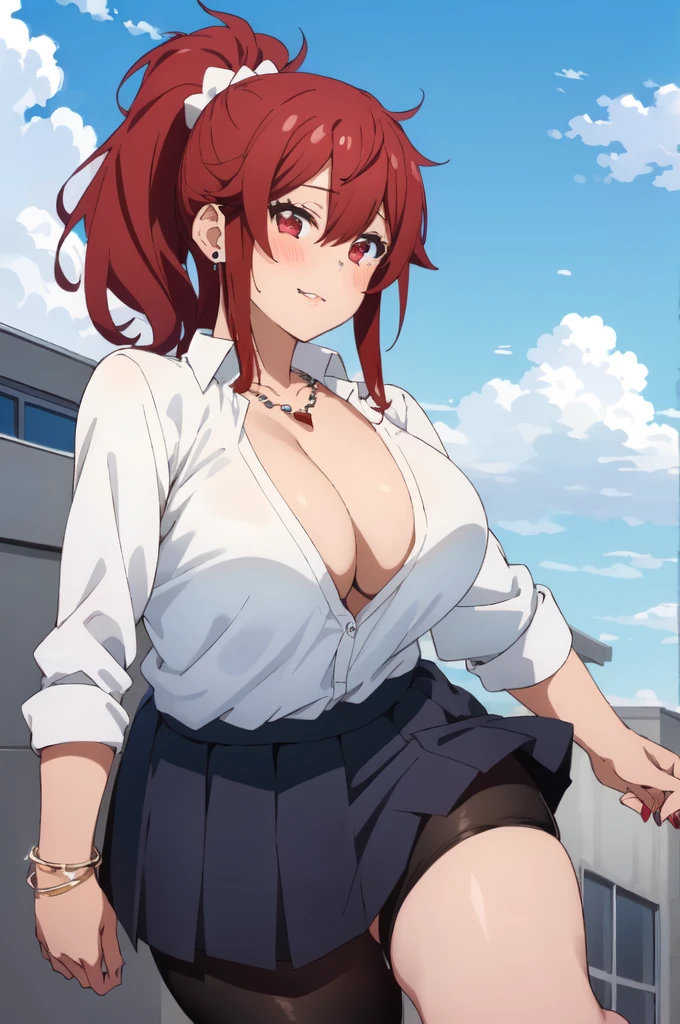 ((best quality)),((highly detailed)),masterpiece,absurdres,detailed face,beautiful face,(detailed eyes, deep eyes),1girl,  Tomo, , solo,  red eyes, short skirt , sky, day, cloud, pleated skirt, leopard print panty, School rooftop, looking at viewer, open clothes, standing, loose white shirt showing cleavage, Gyaru, Big breast, tanned skin, Glossy lips, a lot of earpierce, Necklace,Bracelet, Half eyes expression, Smirk, feminim,1girl,Solo,Spouty mouth,Big hair,Heart shaped emotion,Bored expression,Thick lips,colored Long nail,Stylish wavy hair,Celeb wavy hair,Tight tights,Plump,Curvy figure,thick wavy top knot ponytail,H cup,Gyaru rings,Big bouncy breast,Curvy figure,Half eyes open expression,((long sleeved green colored Sweeter v neck school uniform )),cleavage,Spouty mouth expression,1hand in hips,1hand in cheek,Solo,slut expression