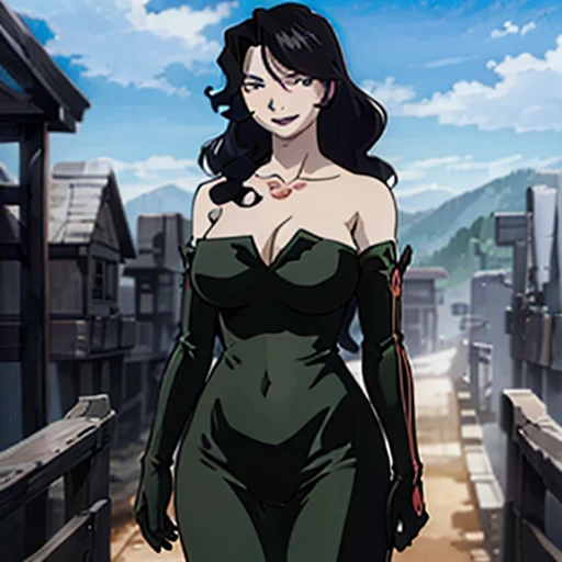 masterpiece, Best Quality, lust, NSFW, neckline, discovered mangas, clavicle, single elbow glove, huge breasts, giantess, giant, looking at the viewer, smile, cowboy shot, landscape, standing