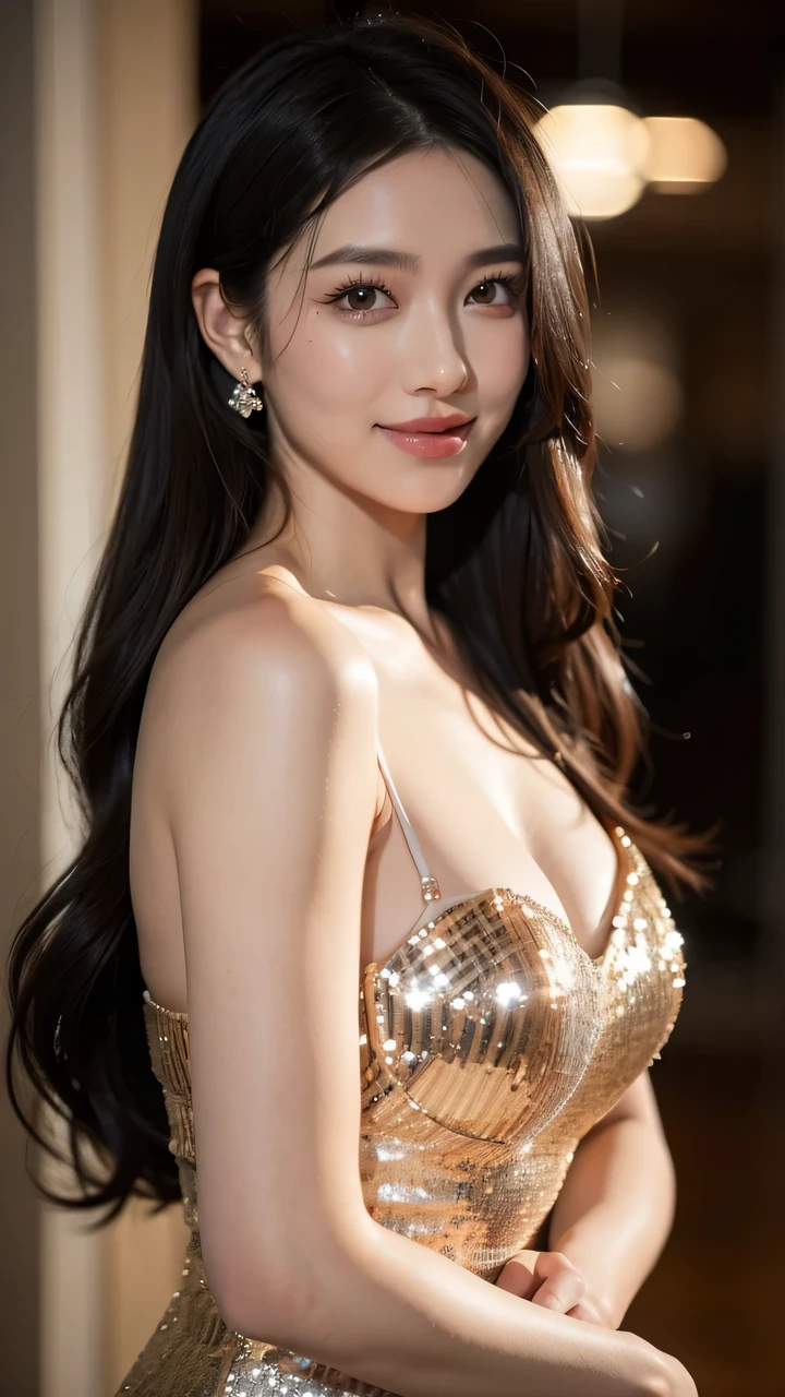 Three quarters upper body front, a stunning 35-year-old sister, her long black hair flowing loosely, a look of determination and allure, her vivid facial features complemented by a charming smile, wearing a elegant evening gown, the sparkling sequins adding a touch of glamour, her poised demeanor and enchanting presence, queenly and majestic, with a softly blurred background.