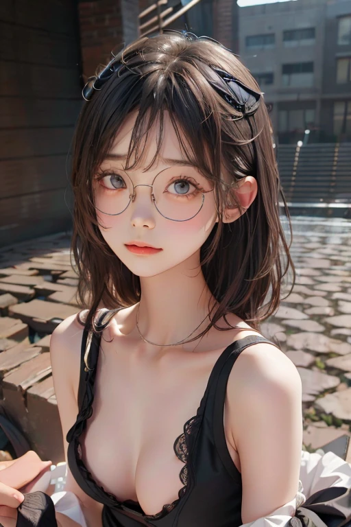 Polychrome, One girl, night, dark, bionde, View Viewer, Upper Body, In-person audience, Limited edition palette, Black background, Shine, Light clothing Glasses Transparent thin fabric clavicle whole body underwear