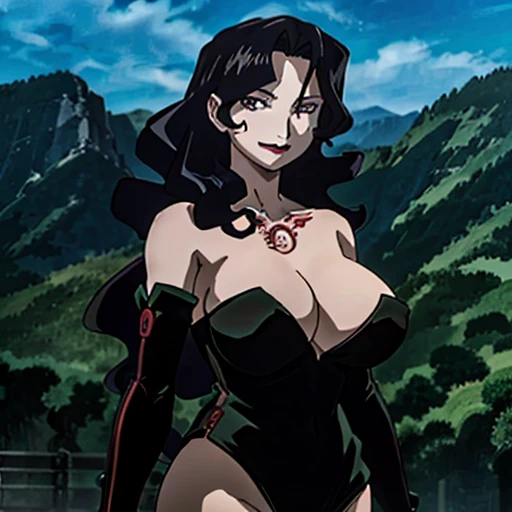 masterpiece, Best Quality, lust, NSFW, neckline, discovered mangas, clavicle, single elbow glove, huge breasts, giantess, giant, looking at the viewer, smile, cowboy shot, landscape, standing