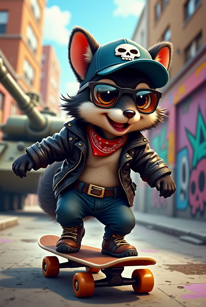 Cute skunk, cartoon,on scateboard ,bandana ,skull,punisher, tank in Background ,street ,leather jacket ,Baseball brat ,baseball Cap, sunglasses ,grafitti ,urban,mystical