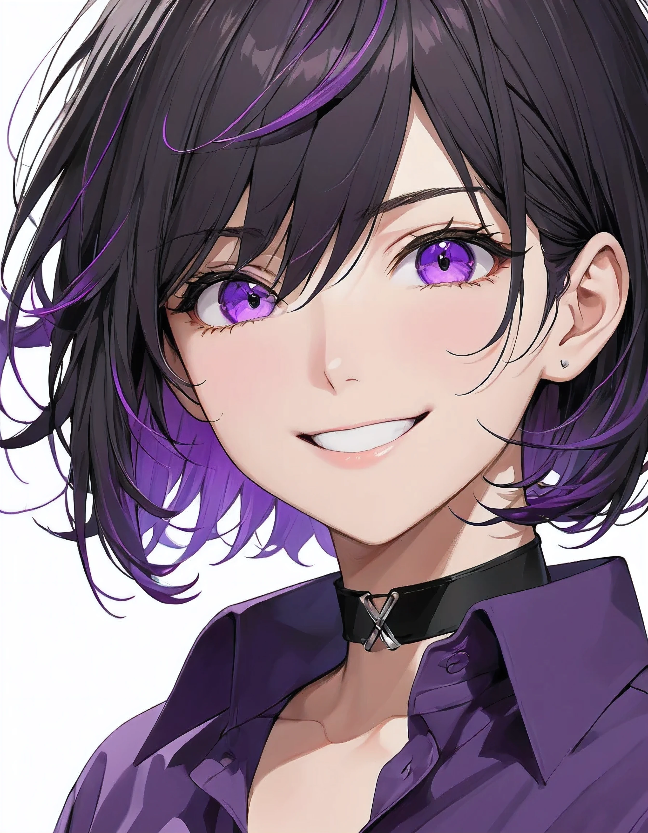 High-resolution anime digital art, Masterpiece, upper body, tomboy, mature, sexy, smart, short hair color pitch black, real detail eyes pupil purple, long purple plain shirt, black chokers, Happy face (simple background, white background)