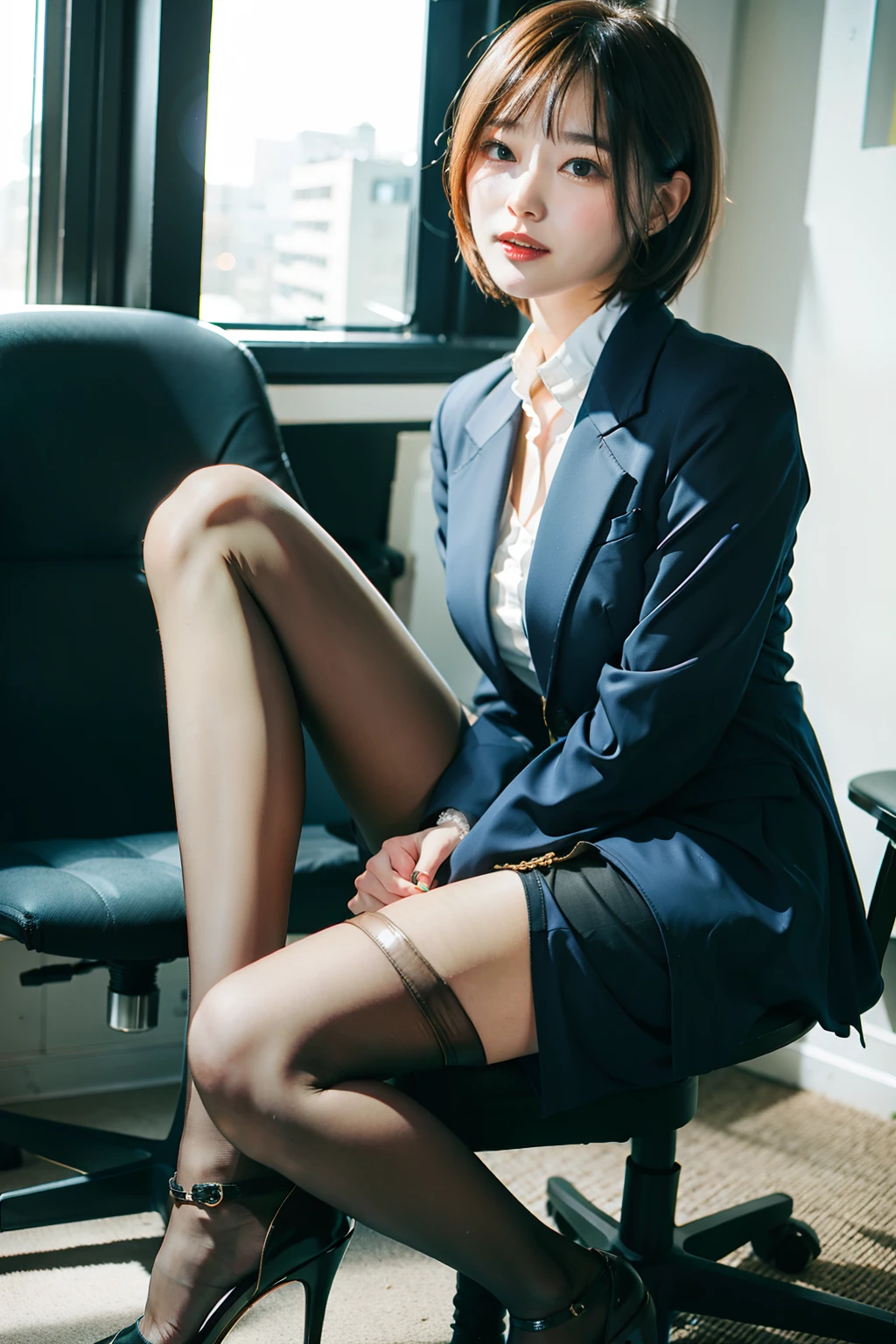 office、Beauty sitting on a chair、short hair、Beautiful legs、High heels、Brown pantyhose、Mini skirt suit