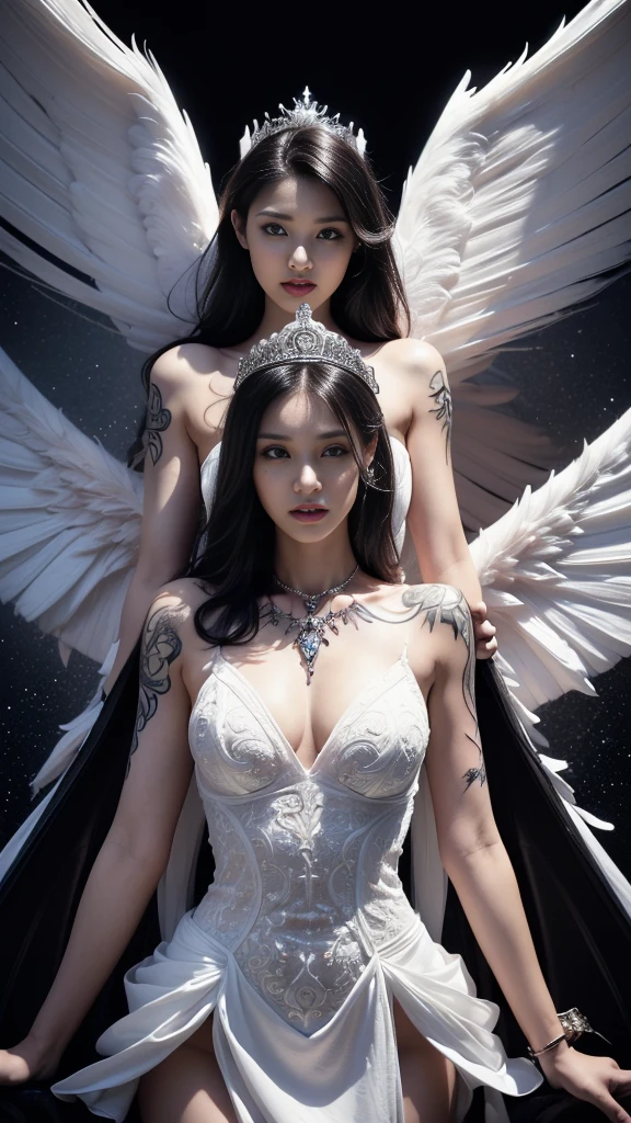 ((Perfect dynamic composition:1.7, Detailed tattoos all over the body:1.6, Wear exquisite jewelry:1.6)), Highly detailed skin and face:1.3, Details of the limbs, Wings on the shoulder, Angel wings and devil wings, White wings and black wings, (Realistic picture, highest resolution), The beautiful face with a calm and elegant expression, (A demon god with wide wings and enormous power on his shoulders., Twelve wings on the shoulders, black bat wings:1.2, white angel wings:1.5), 6 angel wings, 6 devil wings, (Beautiful girl with two meter long hair, Shiny black hair, Smooth white skin, Lips are very red.), ((stand, เรียบร้อยalready)), (big breasts, big breast), (gigantic breast, breast augmentation, Breast 400 cc., small waist, hips raised, small thighs, Long legs), (dynamic poses), (Armor that slightly covers the body), Separate theme, (Angel wings and devil wings), floating in the air above the ground, background darkness, Embraced with twelve wings, He with a crown-like radiance, Those who have light, Wearing little armor, Energy comes out of the body., sparkling wings, White light, black light, Amazing wings, beautiful posture, 8K resolution, Resolution 4000 x 2250 pixels, beautiful posture, Angel wings and devil wings, (Realistic picture, highest resolution), (A demon god with wide wings and enormous power on his shoulders., Twelve wings on the shoulders, black bat wings:1, white angel wings 3 อัน:1.5), Angel wings and devil wings, White wings and black wings, Angel wings and bat wings, Wings between wings, 12 Wings, 6 angel wings, 6 bat wings, Angel wings and devil wings, White wings and black wings, (Beautiful girl with two meter long hair, Shiny black hair, Smooth white skin, Lips are very red.), My hair is very long., ((stand, already)), (big breastsโต, big breastโต), (gigantic breast, small waist, hips raised, small thighs, Long legs), (dynamic poses), (Black and white tight dress, There are beautiful patterns., Decorated with gold embroidery, Show off your body to the fullest, Lots of diamond jewelry), Tight-fitting outfit, Short film set that reveals the body, White and smooth model, The tattoos of gods and demons on the body, The Divine Script and the Demon on the Body, Nude, no clothes, see private parts, beautiful breasts with nipples, no pubic hair, smooth skin that is pleasant to the touch, very full and plump breasts.