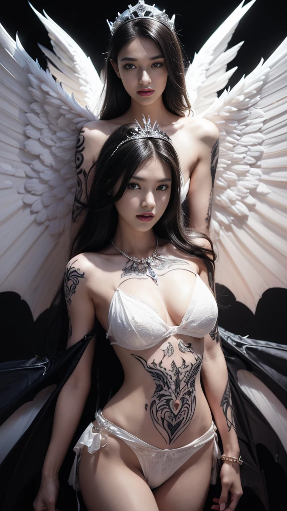 ((Perfect dynamic composition:1.7, Detailed tattoos all over the body:1.6, Wear exquisite jewelry:1.6)), Highly detailed skin and face:1.3, Details of the limbs, Wings on the shoulder, Angel wings and devil wings, White wings and black wings, (Realistic picture, highest resolution), The beautiful face with a calm and elegant expression, (A demon god with wide wings and enormous power on his shoulders., Twelve wings on the shoulders, black bat wings:1.2, white angel wings:1.5), 6 angel wings, 6 devil wings, (Beautiful girl with two meter long hair, Shiny black hair, Smooth white skin, Lips are very red.), ((stand, เรียบร้อยalready)), (big breasts, big breast), (gigantic breast, breast augmentation, Breast 400 cc., small waist, hips raised, small thighs, Long legs), (dynamic poses), (Armor that slightly covers the body), Separate theme, (Angel wings and devil wings), floating in the air above the ground, background darkness, Embraced with twelve wings, He with a crown-like radiance, Those who have light, Wearing little armor, Energy comes out of the body., sparkling wings, White light, black light, Amazing wings, beautiful posture, 8K resolution, Resolution 4000 x 2250 pixels, beautiful posture, Angel wings and devil wings, (Realistic picture, highest resolution), (A demon god with wide wings and enormous power on his shoulders., Twelve wings on the shoulders, black bat wings:1, white angel wings 3 อัน:1.5), Angel wings and devil wings, White wings and black wings, Angel wings and bat wings, Wings between wings, 12 Wings, 6 angel wings, 6 bat wings, Angel wings and devil wings, White wings and black wings, (Beautiful girl with two meter long hair, Shiny black hair, Smooth white skin, Lips are very red.), My hair is very long., ((stand, already)), (big breastsโต, big breastโต), (gigantic breast, small waist, hips raised, small thighs, Long legs), (dynamic poses), (Black and white tight dress, There are beautiful patterns., Decorated with gold embroidery, Show off your body to the fullest, Lots of diamond jewelry), Tight-fitting outfit, Short film set that reveals the body, White and smooth model, The tattoos of gods and demons on the body, The Divine Script and the Demon on the Body, Nude, no clothes, see private parts, beautiful breasts with nipples, no pubic hair, smooth skin that is pleasant to the touch, very full and plump breasts.