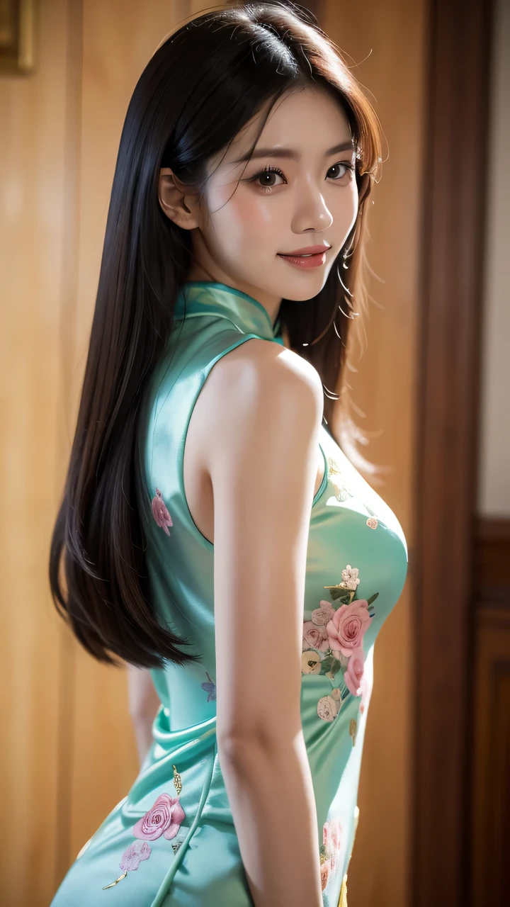 A captivating three-quarters upper body shot, featuring a 28-year-old sister with lustrous black hair, her eyes filled with confidence and charm, a delicate smile playing on her lips, dressed in a stylish cheongsam, the exquisite embroidery showcasing her sophisticated taste, her graceful posture and alluring aura, embodying the essence of the royal sister style, with a beautifully blurred background.