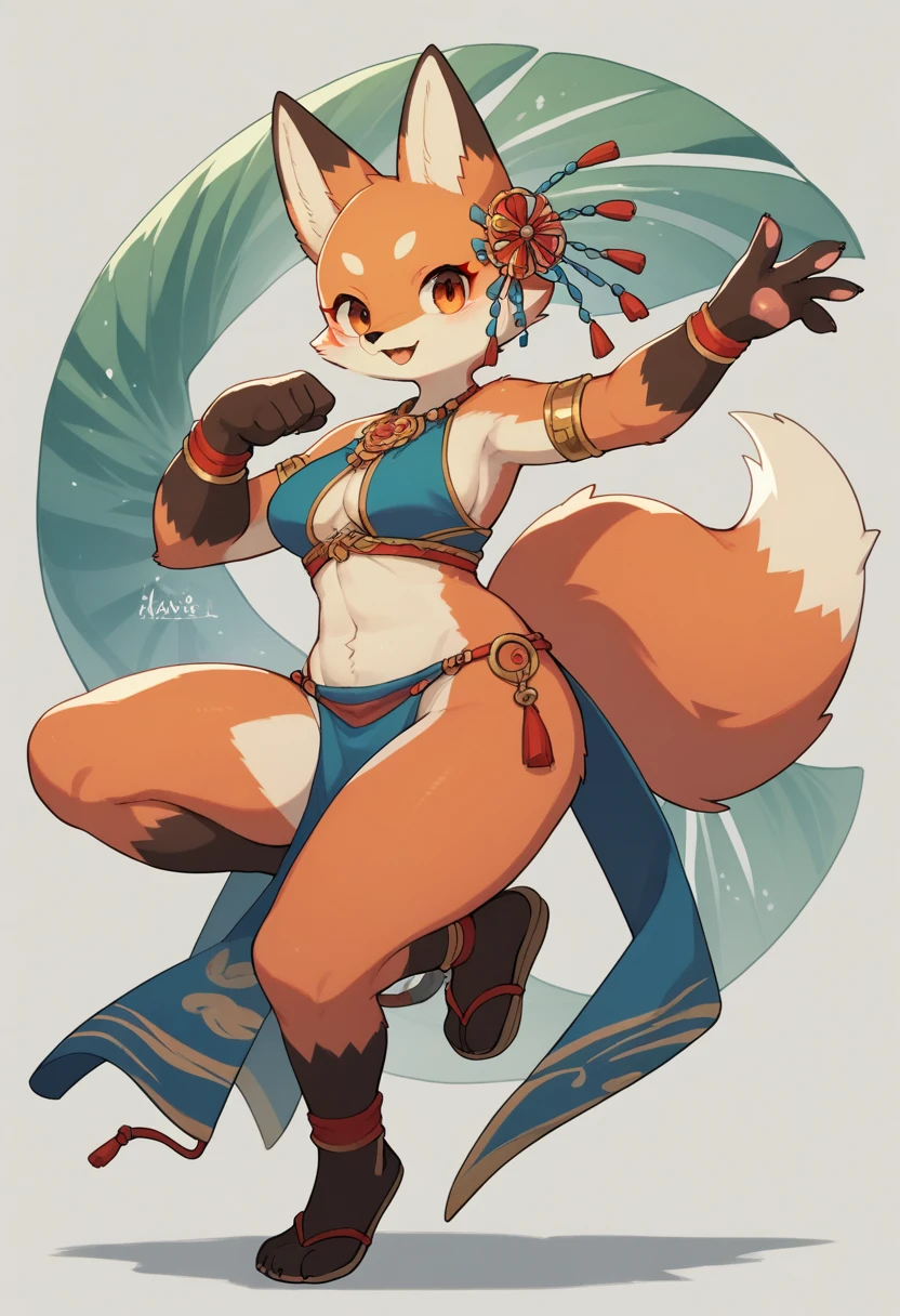 top quality, ancient Chinese beauty, absurdres, perfect anatomy, kemono, solo focus, furry anthro, fox facial features, fox body features, very detailed body fur, full body, dancing pose, ((loincloth), thighs, cute, (sexy, boobs, big boobs), nsfw