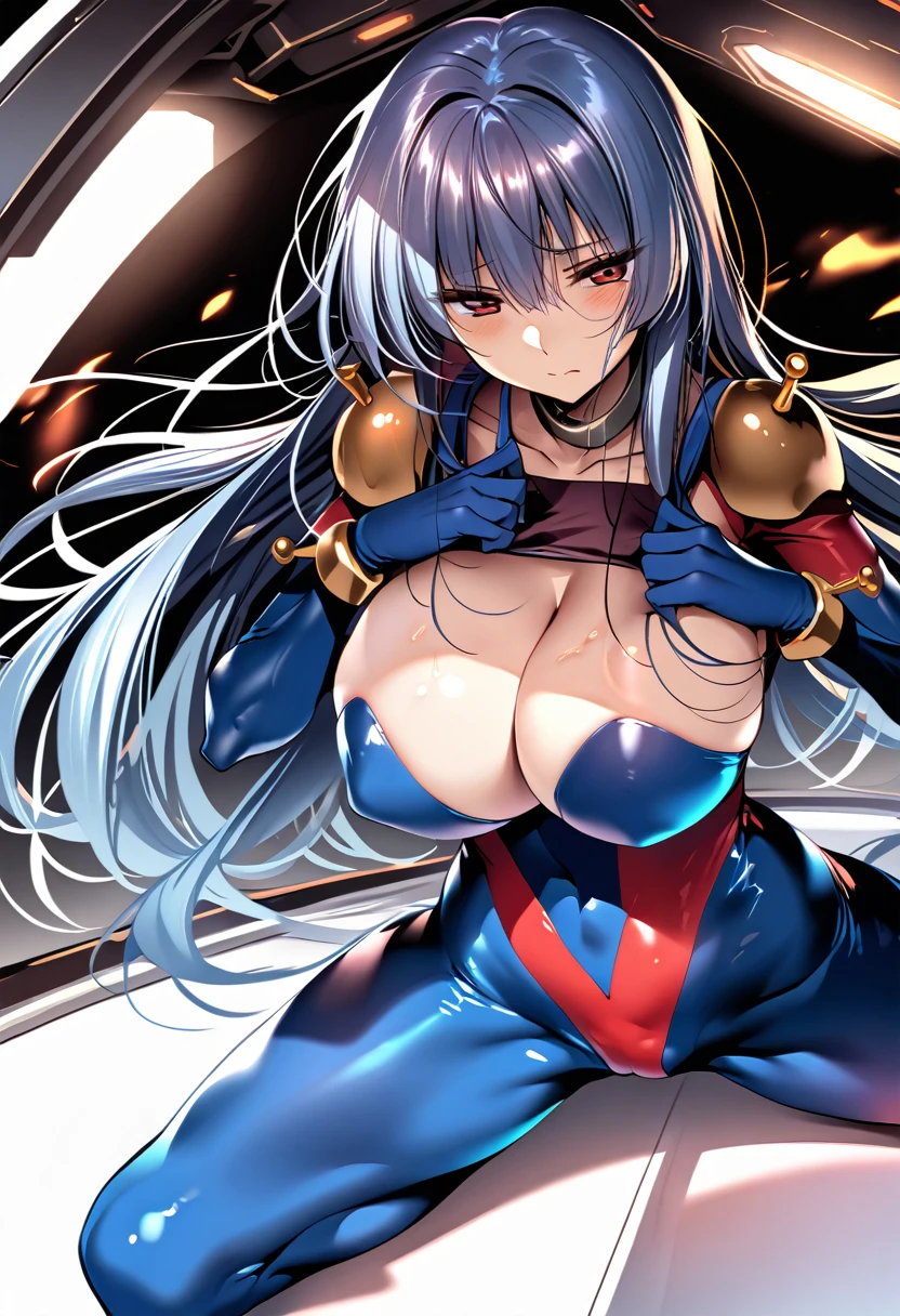 Neck ribbon,Perfect hands, Perfect Fingers,Perfect Anatomy, masterpiece, Highest quality,Anime Style, 16k hdr,One person, Large Breasts,Erect nipples,Blue Hair, Straight Long Hair,Mobile Trace Suit, Shoulder Armor,(Red and blue bodysuit:1.4),Sexy pose, whole body, cockpit,Spread your legs,(Emotionless:1.4,Hollow Eyes:1.2),Metal collar