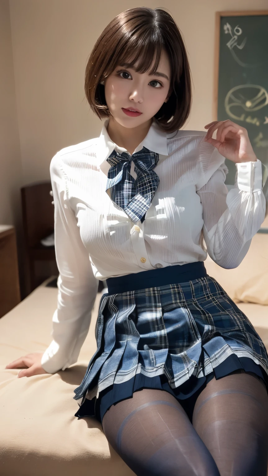 (((8k、High resolution、Highest quality、High resolution))), alone、Natural body shape、White skin、Natural Makeup、((Black Hair、bangs、Straight Very Short Hair))、(((Skirt Lift)))、、(:1.4)、(())、(((((Full body photo)))))、(((Shooting from the side)))、(((Wear a uniform on the upper body)))、Bedroom、(((Of high school))) 、((white collared long sleeve blouse))、(())、((Pleated skirt with dark blue plaid pattern、mini skirt、Ultra-realistic pantyhose:1.3))、、turn around、Sulky look、((Bare thighs))