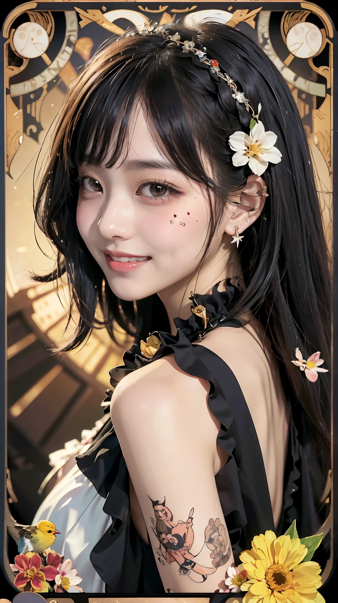 Realistic、masterpiece、Highest quality、Highest quality、Tarot Card Style、Background with colorful flowers and birds、One Woman、Devilish image、Upper body photo、Gothic punk costumes、(Black Hair, Long Hair:1.2)、Natural Makeup、Draw lots of eyelashes、Deep orange blush、profile、Grin, Showing teeth、cheeks turn a little red