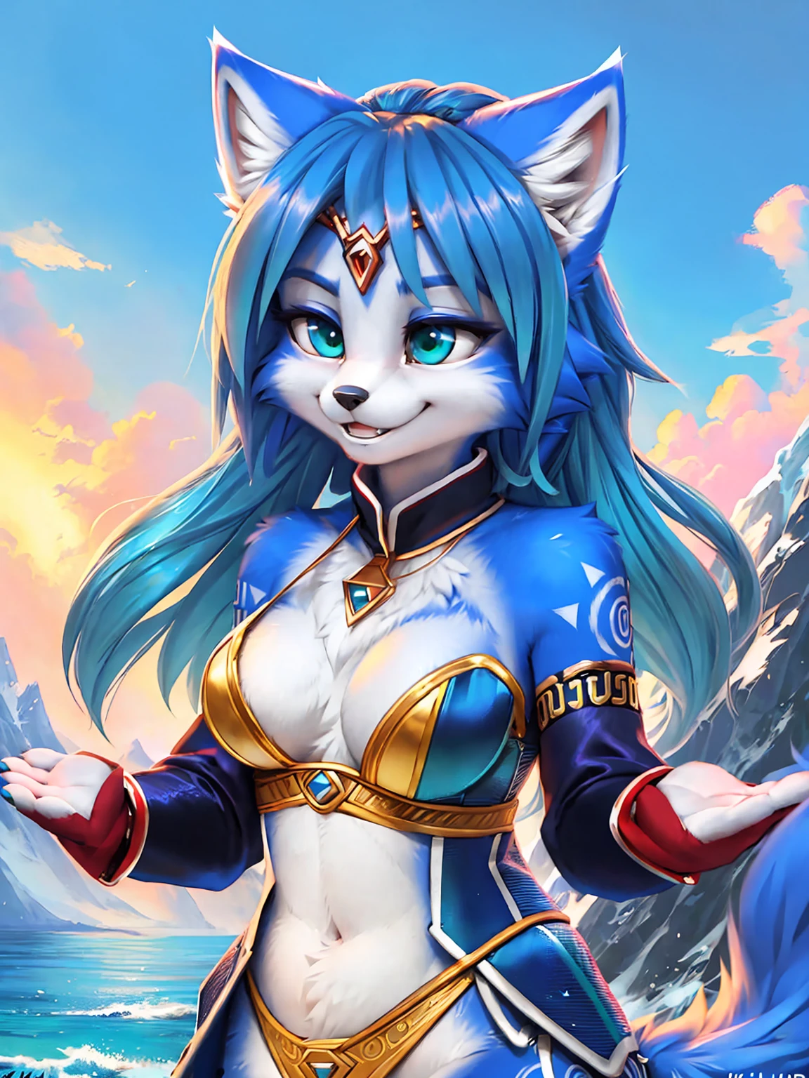 A beautiful and detailed (sweet picture) wa ((krystal)), Star Fox Krystal, sslim, lovable, green eyes, medium breasts, (((Long blue hair 1.3))), Decollete, grin, look up,, anthro, furry, Uploaded E621, detailed fluffy fur, (wa Fluff-Kevlar, Bayard Wu, personalize me, Pino Daeni), detailed face, (fluffy), 1 girl, alone, sweet girl, alone, stands on a mountain, view of a sea and a forest, magician clothing