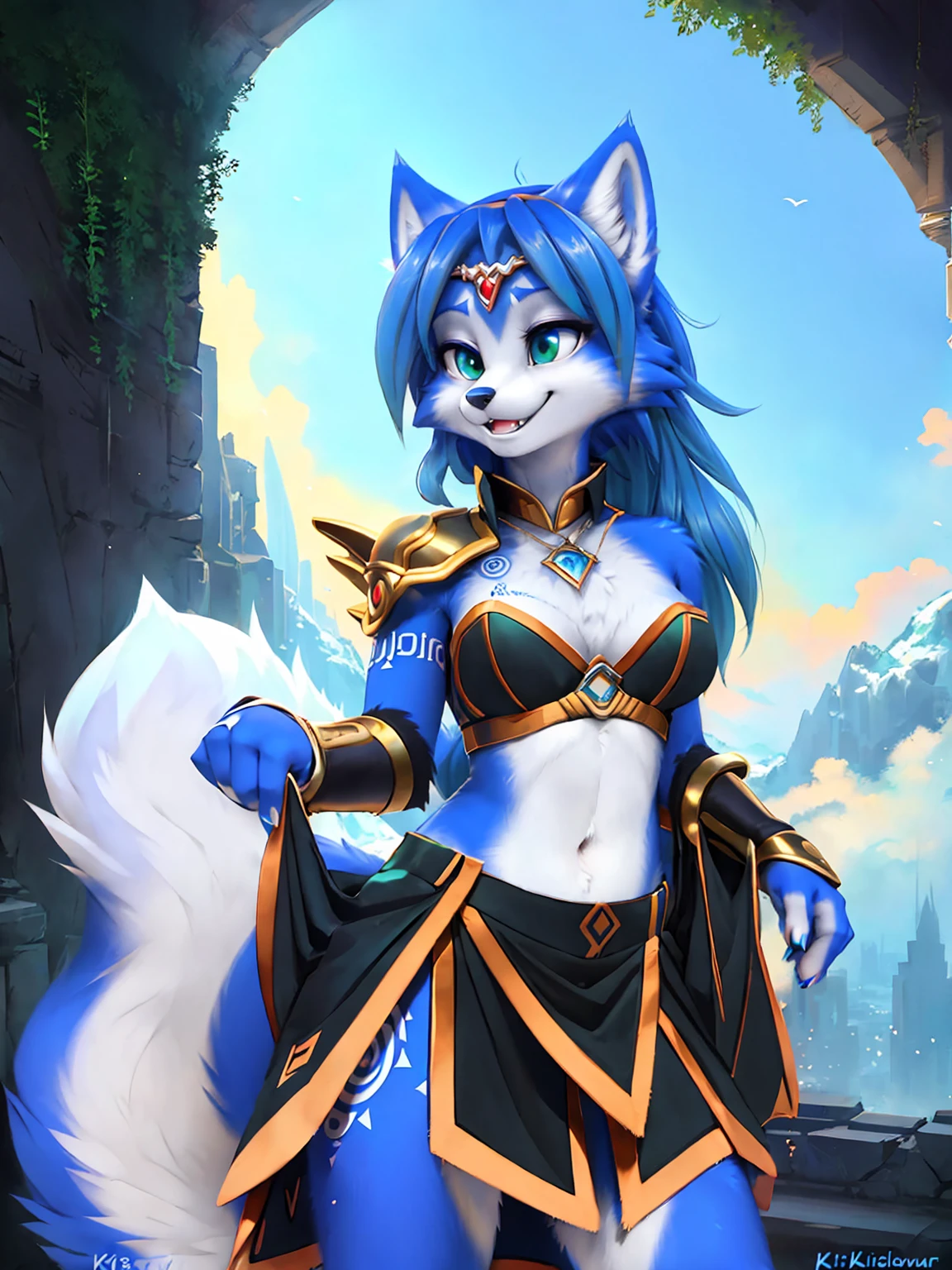 A beautiful and detailed (sweet picture) wa ((krystal)), Star Fox Krystal, sslim, lovable, green eyes, medium breasts, (((Long blue hair 1.3))), Decollete, grin, look up,, anthro, furry, Uploaded E621, detailed fluffy fur, (wa Fluff-Kevlar, Bayard Wu, personalize me, Pino Daeni), detailed face, (fluffy), 1 girl, alone, sweet girl, alone, stands on a mountain, view of a sea and a forest, magician clothing