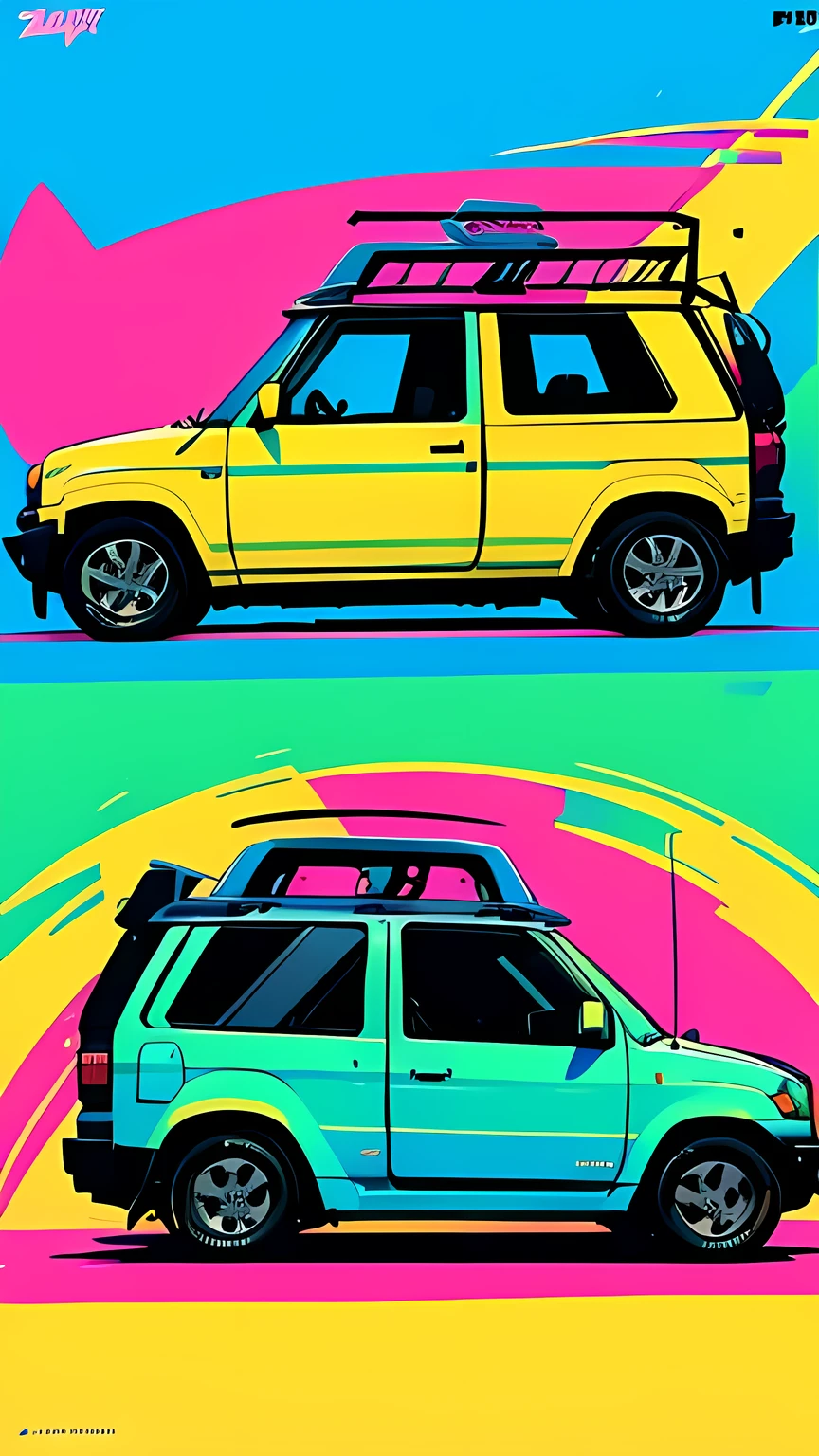 An ice mint colored Jimny is parked in the parking lot with other cars.。, with a roof rack, surface side full, Left Profile, right profile, Retropunk Nature Wave Defender, From the side, samurai vinyl wrap, surface side, Side view, 3/4 Side view, Russian and Japanese mix, Profile photo, profile