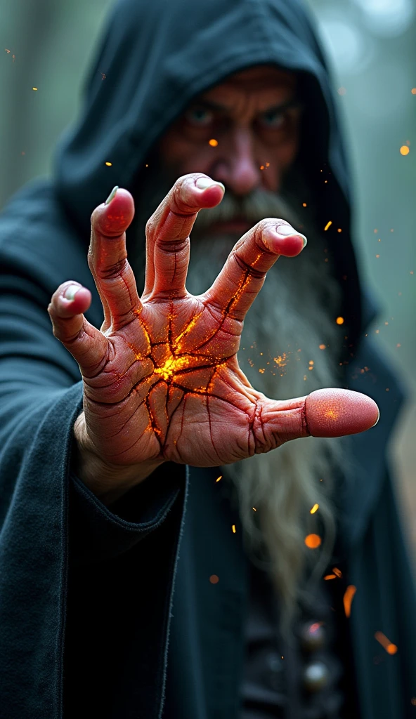 fantasy, close-up on a hand, hand of a sorcerer while casting a spell, hand gesture, fingers positioned for casting a spell (several are bent and several are straightened), hand glowing with different colours (black, red, yellow, blue), ponting hand, visible magic around it, hand imbued with black magic and damaged by magic but still functional, visible cracks in the skin and glowing light from under it, hand on firs plan, on second plan visible sorcerer, shallow depth of field, focus on hand