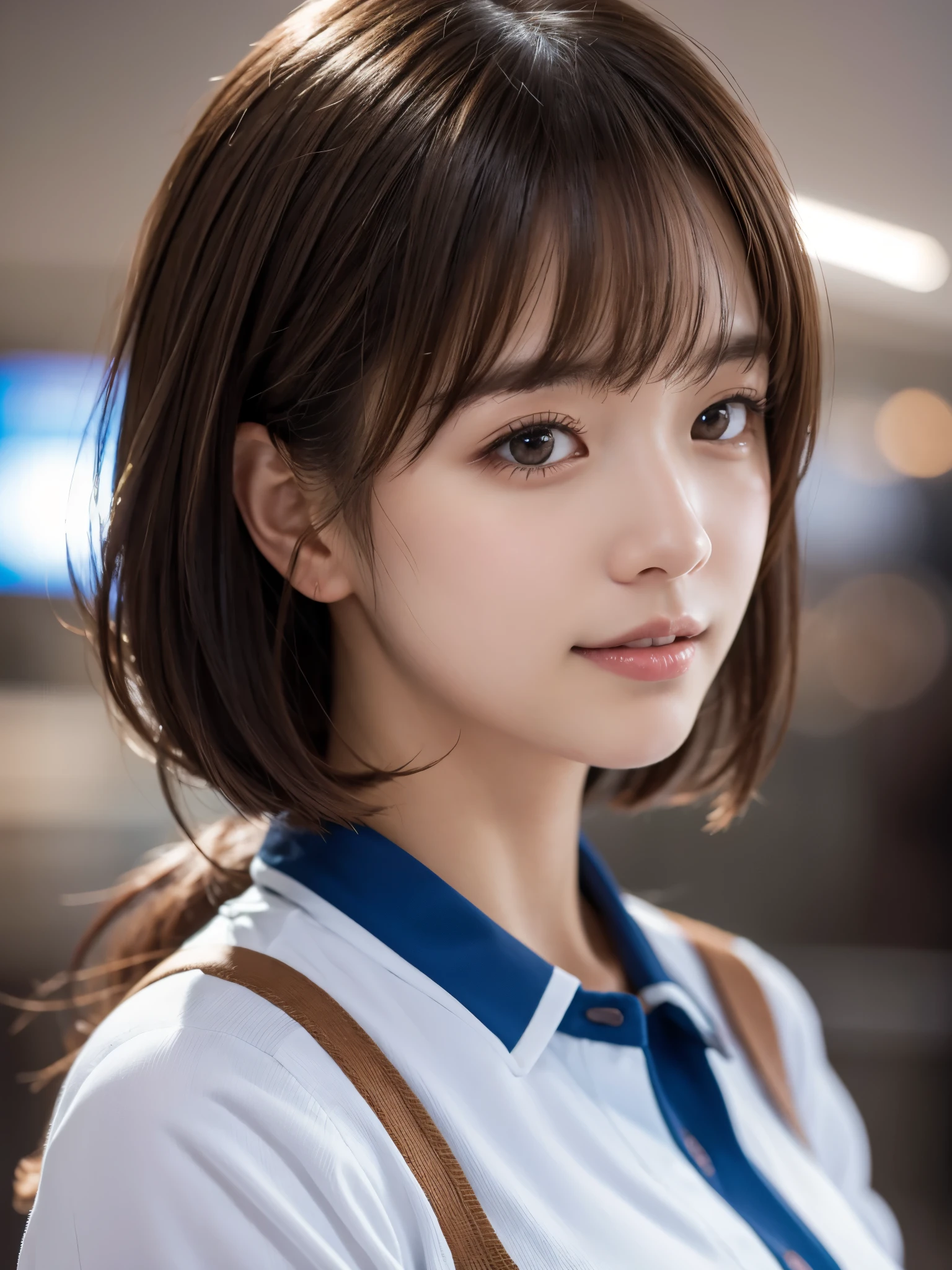 1 cabin attendant,(ANA Uniforms), (RAW Photos, Highest quality), (Realistic, Photorealistic:1.4), Tabletop, Very delicate and beautiful, Very detailed, 8k wallpaper, wonderful, In detail, Highly detailed CG unification, High resolution, Soft Light, Beautiful and detailed 25-year-old beauty, Very detailed目と顔, Beautifully detailed nose, Beautiful attention to detail,Cinema Lighting,Night airport,Perfect Anatomy,Slender body,smile (Bob, My hair is messy, Asymmetrical bangs, Light brown hair,)