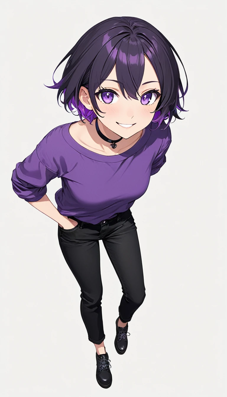 High-resolution anime digital art, Masterpiece, full body, tomboy, mature, sexy, smart, short hair color pitch black, real detail eyes pupil purple, long purple plain shirt, black chokers, black jeans pants, Happy face (simple background, white background)