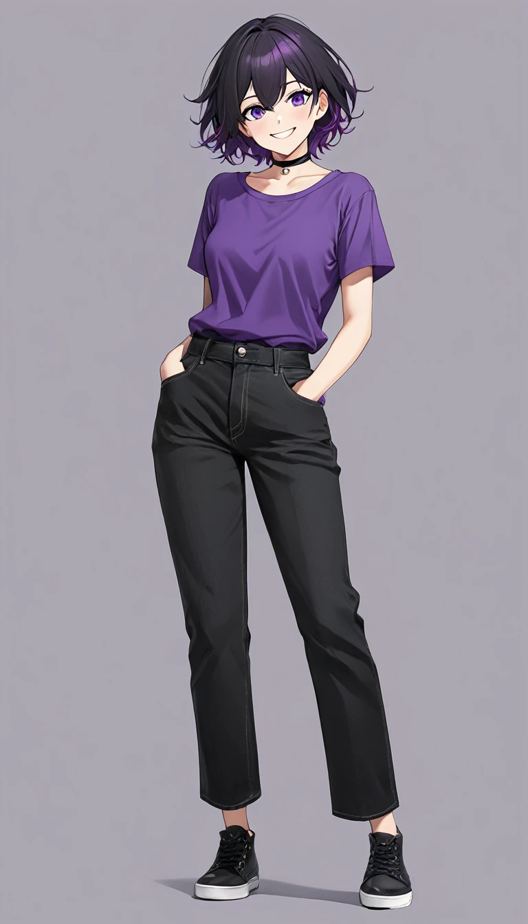 High-resolution anime digital art, Masterpiece, full body, tomboy, mature, sexy, smart, short hair color pitch black, real detail eyes pupil purple, long purple plain shirt, black chokers, black jeans pants, Happy face (simple background, white background)