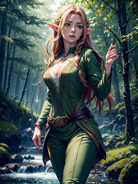 Tauriel, the woodland elf from The Hobbit movie, best quality, ultra-detailed CG unity 8k wallpaper, floating, high resolution, dynamic pose, beautiful face, pale white skin, dark red hair, braided, redhead, (green eyes:1.2, dark green tunic, brown sleeves, tight grey pants), depth of field, white forest, golden leaves, magic light), slim body, deep cleavage, tight bust, looking at viewer, holding elven bow