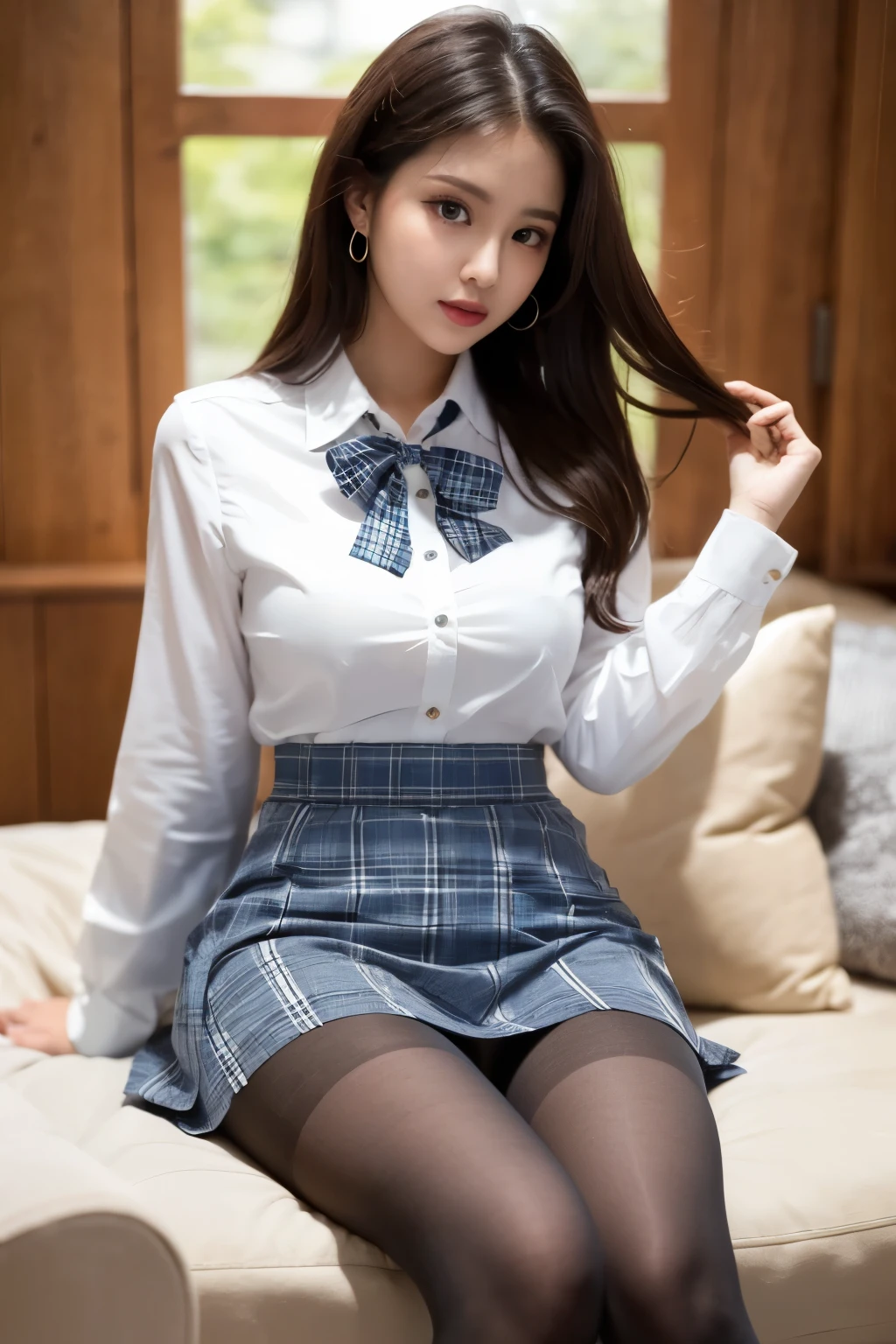 (((8k、High resolution、Highest quality、High resolution))), alone、Natural body shape、White skin、Natural Makeup、((Black Hair、bangs、Straight Long Hair))、(((Skirt Lift)))、、(:1.4)、(())、(((((Full body photo)))))、(((Shooting from the side)))、(((Wear a uniform on the upper body)))、Bedroom、(((Of high school))) 、((white collared long sleeve blouse))、(())、((Pleated skirt with dark blue plaid pattern、mini skirt、Ultra-realistic pantyhose:1.3))、、turn around、Sulky look、((Bare thighs))