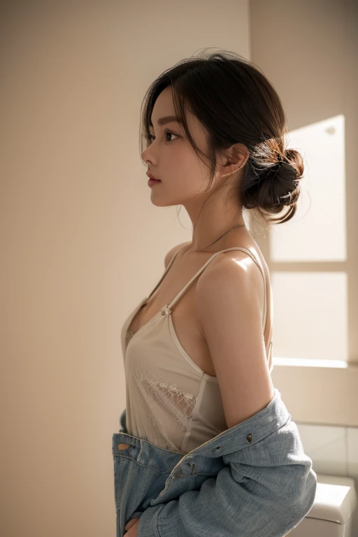 (Change of clothes:1.8), baby face, (best quality:1.4), (Very detailed), (Very detailed美しい顔), underwear, (Baby physics:1.2), great face and eyes, Iris flower, (flat chest:1.5), (Slimming:1.5), Camisole vest, (移開你的目Light:1.3), (Close-up of face:1.2), (Half-baked jumpsuit), lavatory, from the side, Light滑的, Very detailed CG synthesis 8k wallpaper, High-resolution RAW color photos, Professional photography, Light, BackLight, like a dream, touching, written border depth