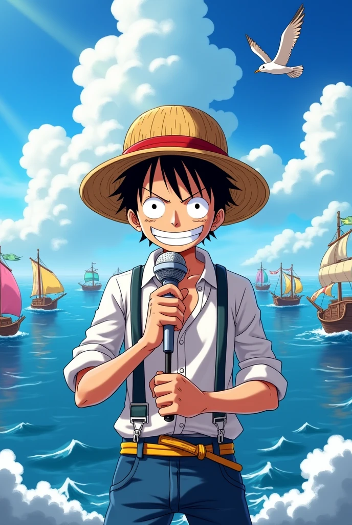 Generate a image where luffy is holding a microphone in the and dressed like a reporter in one piece style