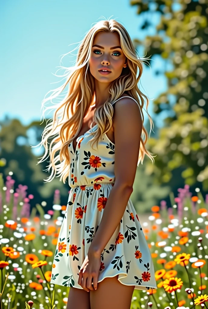 Young blonde with blue eyes, wide hips and thick legs.