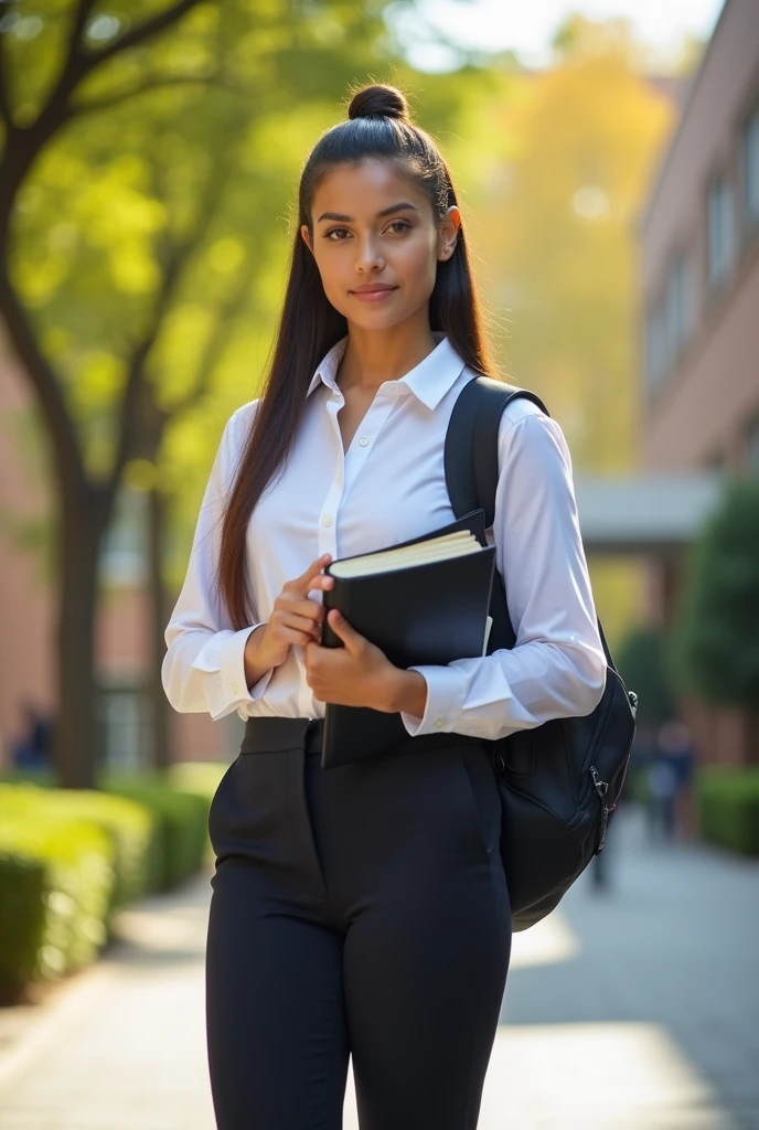 College student wearing uniform black shoes holding notebook , bond hair, full body Realistic Filipino 