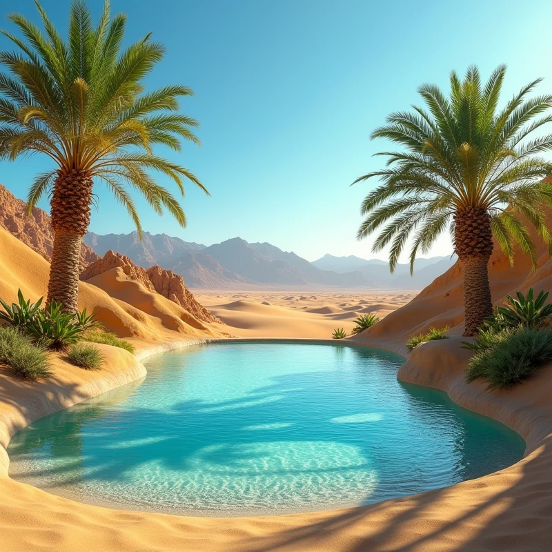 Illustrate a peaceful desert oasis with lush palm trees, a sparkling water pool surrounded by golden sand dunes, and distant mountains under a clear, azure sky."