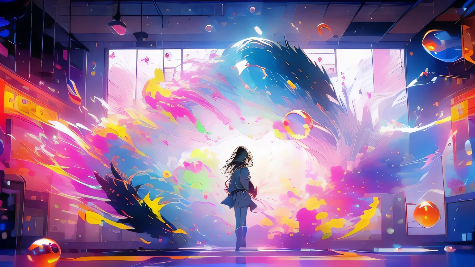 (masterpiece), (best quality), (official art, extremely detailed CG unity 8k wallpaper), (highly detailed), ((absurdres)), 1girl, mid shot, (exquisite facial features),(serafuku:1.3) ((sfw)),((clear hands)), ((white thighhighs without shoes)),aqua eyes, color contact lenses, stars in the eyes, (((colorful bubble))), colourful glass, (album cover)