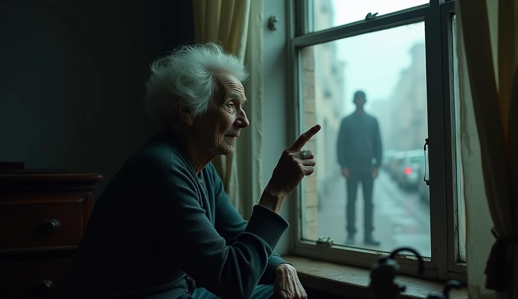 The old woman in the window points directly at the young man and speaks in a calm, unsettling voice, revealing that she died in front of his house.