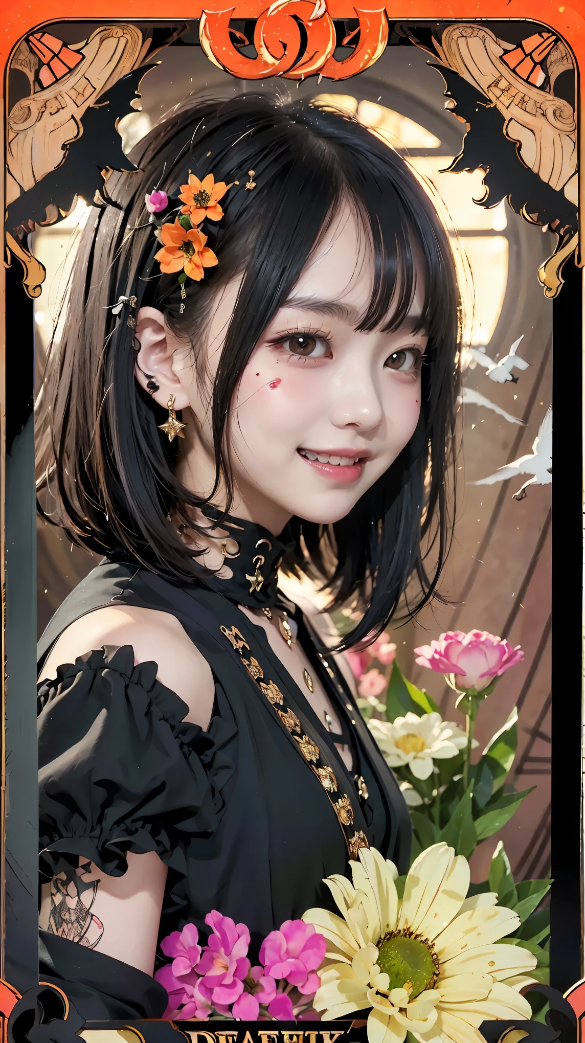 Realistic、masterpiece、Highest quality、Highest quality、Tarot Card Style、Background with colorful flowers and birds、One Woman、Devilish image、Upper body photo、Gothic punk costumes、(Black Hair, Long Hair:1.2)、Natural Makeup、Draw lots of eyelashes、Deep orange blush、profile、Grin, Showing teeth、cheeks turn a little red
