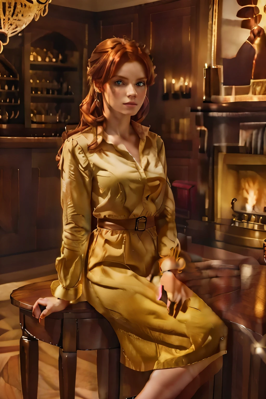 A red-haired woman in an upscale gentleman's study, elegant portrait, detailed facial features, intricate hairstyle, flowing dress, chiaroscuro lighting, baroque style, muted color palette, oil painting, cinematic composition, photorealistic, masterpiece, (best quality, 8k, highres, detailed), (realistic, photo-realistic:1.4)