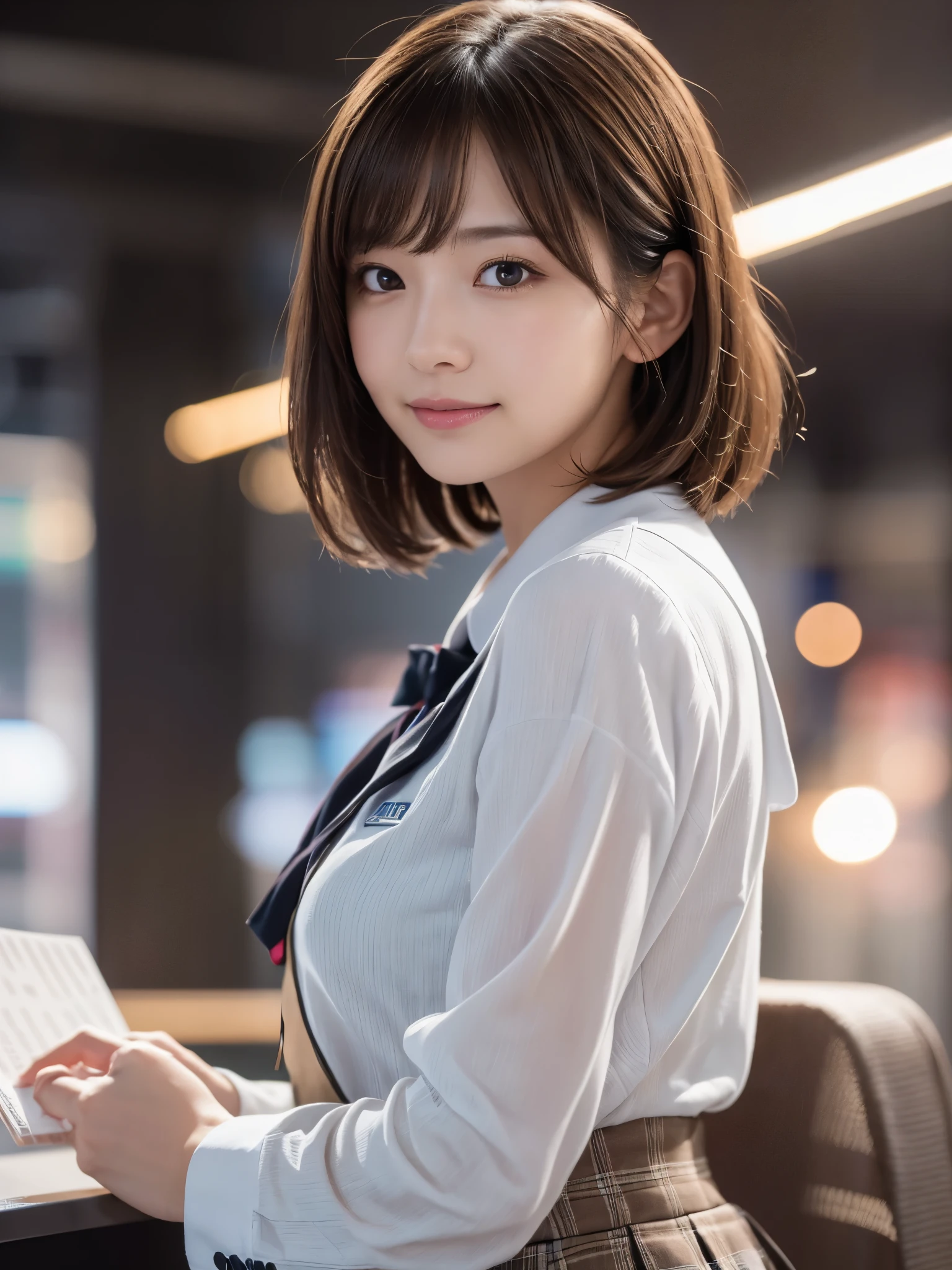 1 cabin attendant,(ANA Uniforms), (RAW Photos, Highest quality), (Realistic, Photorealistic:1.4), Tabletop, Very delicate and beautiful, Very detailed, 8k wallpaper, wonderful, In detail, Highly detailed CG unification, High resolution, Soft Light, Beautiful and detailed 25-year-old beauty, Very detailed目と顔, Beautifully detailed nose, Beautiful attention to detail,Cinema Lighting,Night airport,Perfect Anatomy,Slender body,smile (Bob, My hair is messy, Asymmetrical bangs, Light brown hair,)
