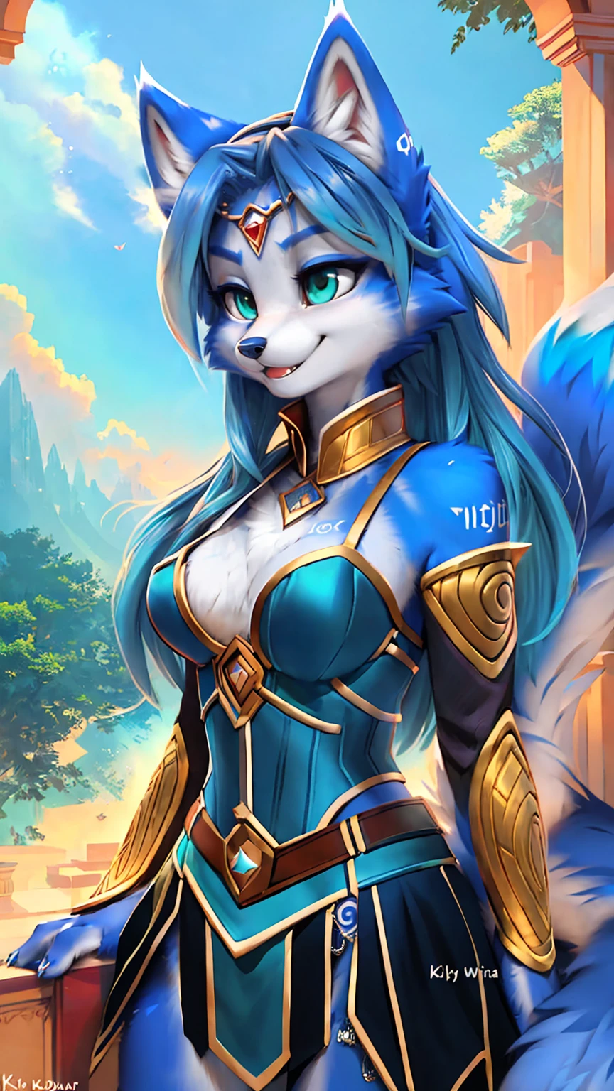 A beautiful and detailed (sweet picture) wa ((krystal)), Star Fox Krystal, sslim, lovable, green eyes, medium breasts, (((Long blue hair 1.3))), Decollete, grin, look up,, anthro, furry, Uploaded E621, detailed fluffy fur, (wa Fluff-Kevlar, Bayard Wu, personalize me, Pino Daeni), detailed face, (fluffy), 1 girl, alone, sweet girl, alone, stands on a mountain, view of a sea and a forest, magician clothing