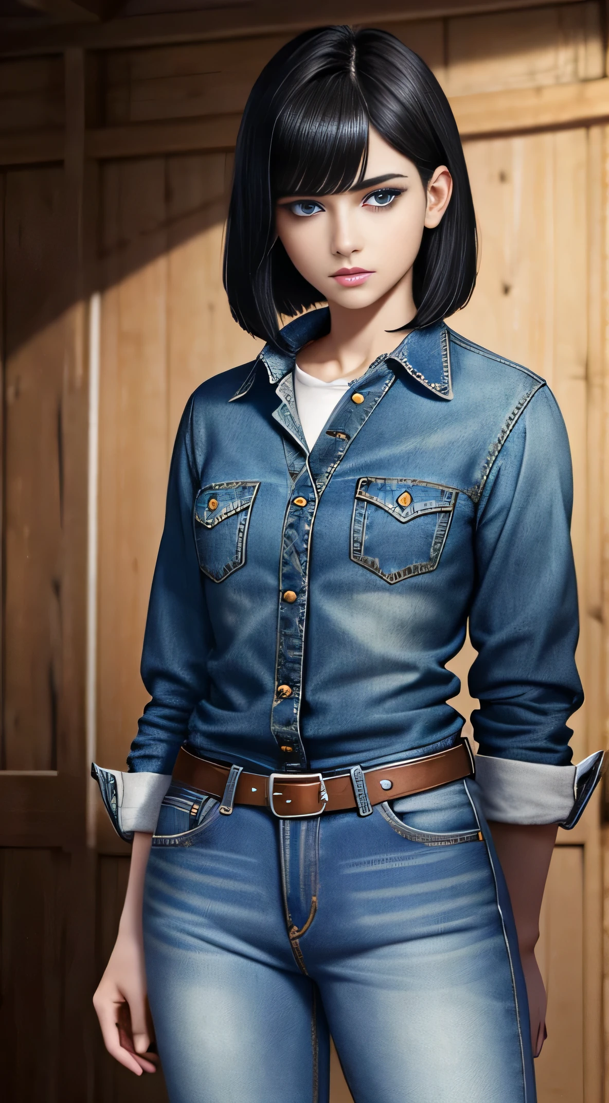 (Concept Art), masterpiece, Highest quality, Realistic, 8K RAW Photos, Tarot Card Style, Absurd iris texture, Accurate anatomy, Facing the audience, Cowboy Shot, (Realistic:1.5) , Perfect body, Beautiful Girl Pure Eros Face_v1, 13 years old、((Alphonse)美juvenile、juvenile、Mature face、Wide-set eyes,Beautiful eyes、soft、White skin and black hair、short hair、Center parted hair、Disheveled Hair、Bangs hide the right eye、Long legs、Blue Eyes, Long legs, Long black hair, Edge lighting,、Slender body、juvenile、Narrow waist、Rock Stage、Screaming and singing、Bow-legged、Denim shirt、Jeans、Knee-high boots、Dark fantasy,Backed by a rock band、