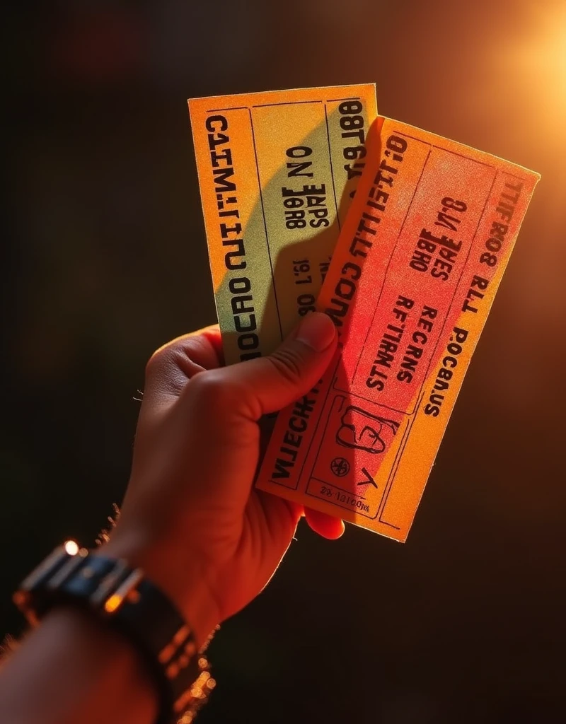 A close-up photograph of a human hand of varied ethnic descent, grasping a couple of concert tickets. Light shines from the right side of the image with every detail of the paper texture and vivid colors on the tickets highly visible. The hand is firmly holding the tickets but with care, to avoid wrinkling them. The wrist and part of the forearm can also be seen, sporting a casual wrist watch, tapping into the anticipation and excitement of the upcoming event.