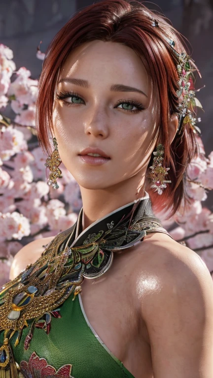 portrait, Close-up, upper body. looks at me. The cherry tree is blooming in the garden.. Short, Red hair, green eyes, green qipao, smile, vulgar girl 15 years old. (masterpiece, top quality, Best quality, official art, beautiful and aesthetically pleasing:1.2), extremely detailed,(fractal art:1.2),colorful,The most detailed, (dynamic pose), (Many colors:1.4). ((split. skin texture, Shiny skin. elegance. photorealism. unreal engine. 3D model. Ultra high quality textures. high detail. permission 8k))