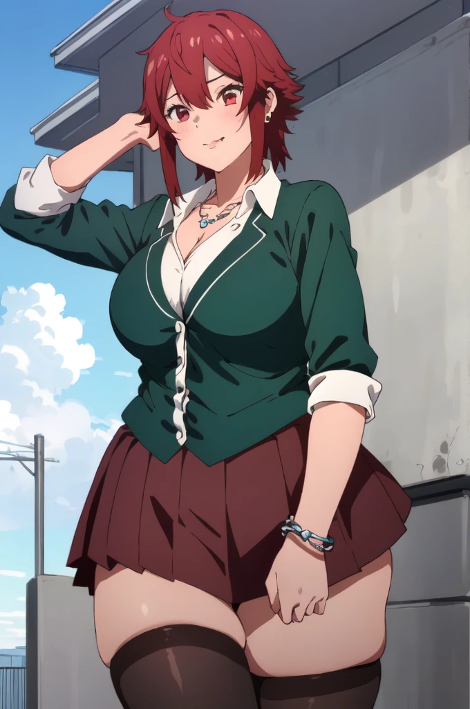 ((best quality)),((highly detailed)),masterpiece,absurdres,detailed face,beautiful face,(detailed eyes, deep eyes),1girl,  Tomo, , solo,  red eyes, short skirt , sky, day, cloud, pleated skirt, leopard print panty, School rooftop, looking at viewer, open clothes, standing, loose white shirt showing cleavage, Gyaru, Big breast, tanned skin, Glossy lips, a lot of earpierce, Necklace,Bracelet, Half eyes expression, Smirk, feminim,1girl,Solo,Spouty mouth,Big hair,Heart shaped emotion,Bored expression,Thick lips,colored Long nail,Stylish wavy hair,Celeb wavy hair,Tight tights,Plump,Curvy figure,thick wavy top knot ponytail,H cup,Gyaru rings,Big bouncy breast,Curvy figure,Half eyes open expression,((long sleeved green colored Sweeter v neck school uniform )),cleavage,Spouty mouth expression,1hand in hips,1hand in cheek,Solo,slut expression,Red hair,Heart shape emote